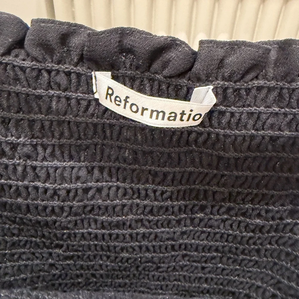 Reformation Black Polka Dot Smocked Square-Neck Top